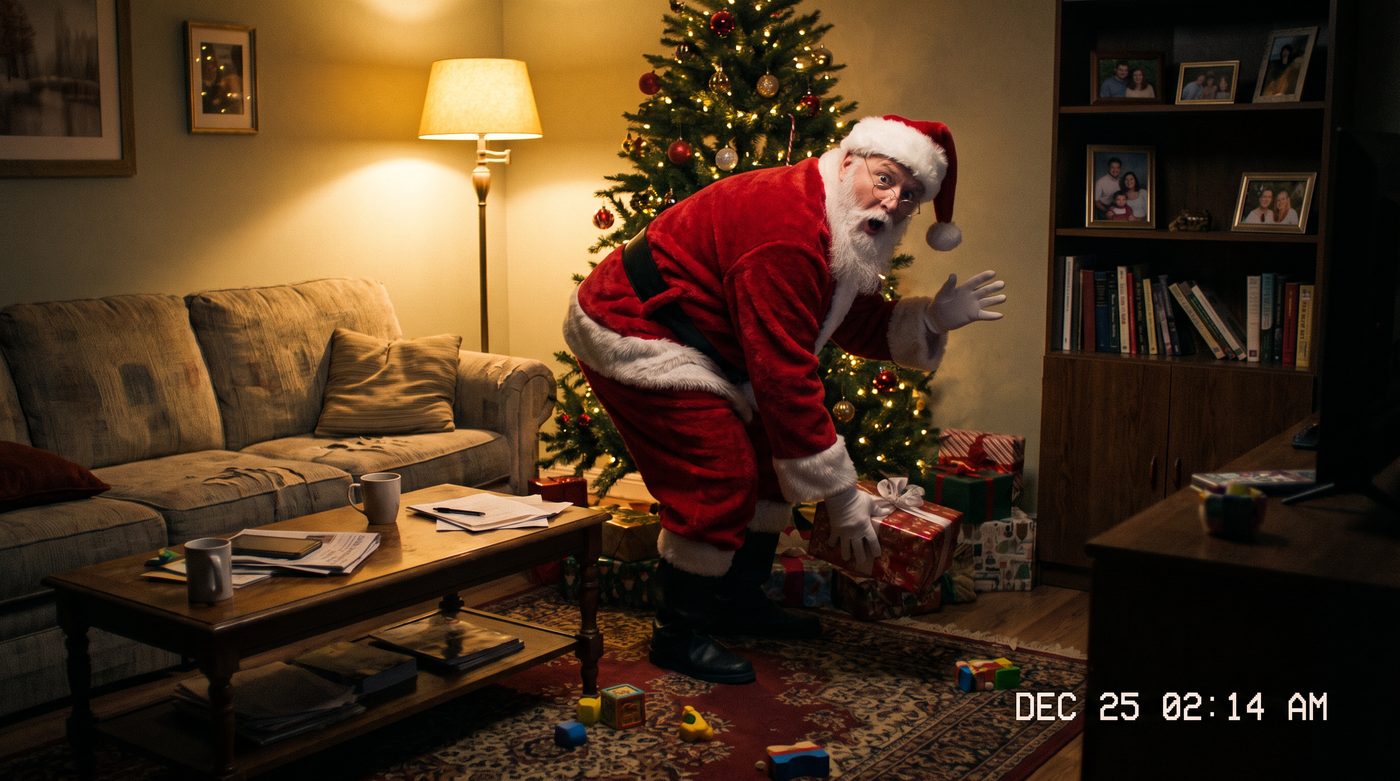 Santa caught on a family’s night camera placing presents under the tree